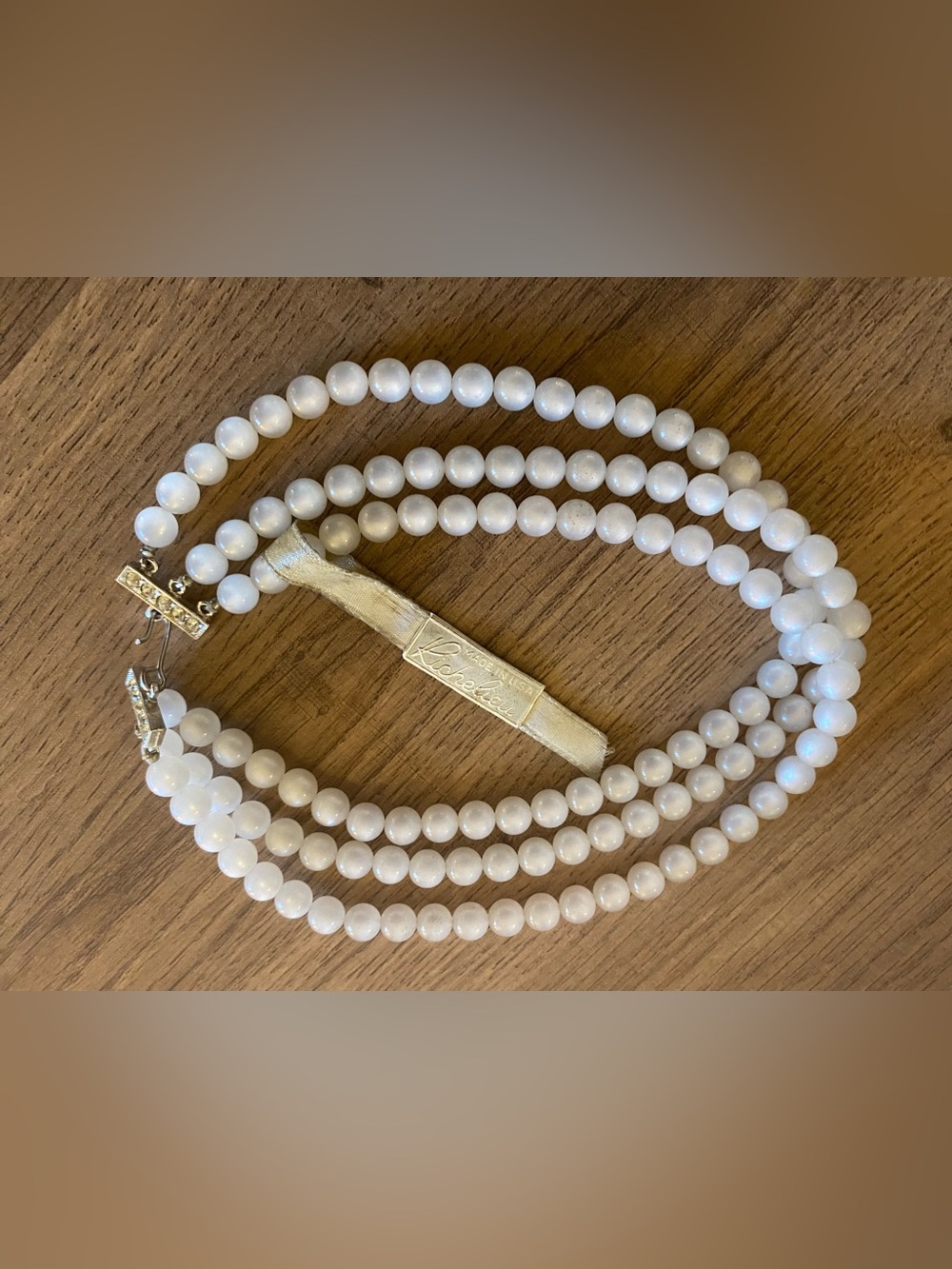 Exquisite Vintage 1940s Richelieu Satinore Triple Strand 12” choker with tag